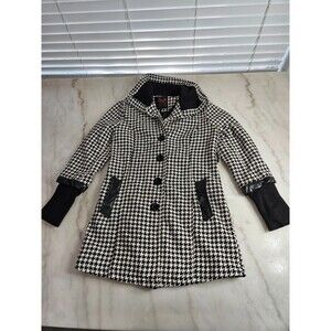YOKI New York Chic XL Women's Black, White Houndstooth Coat with Leather Accents